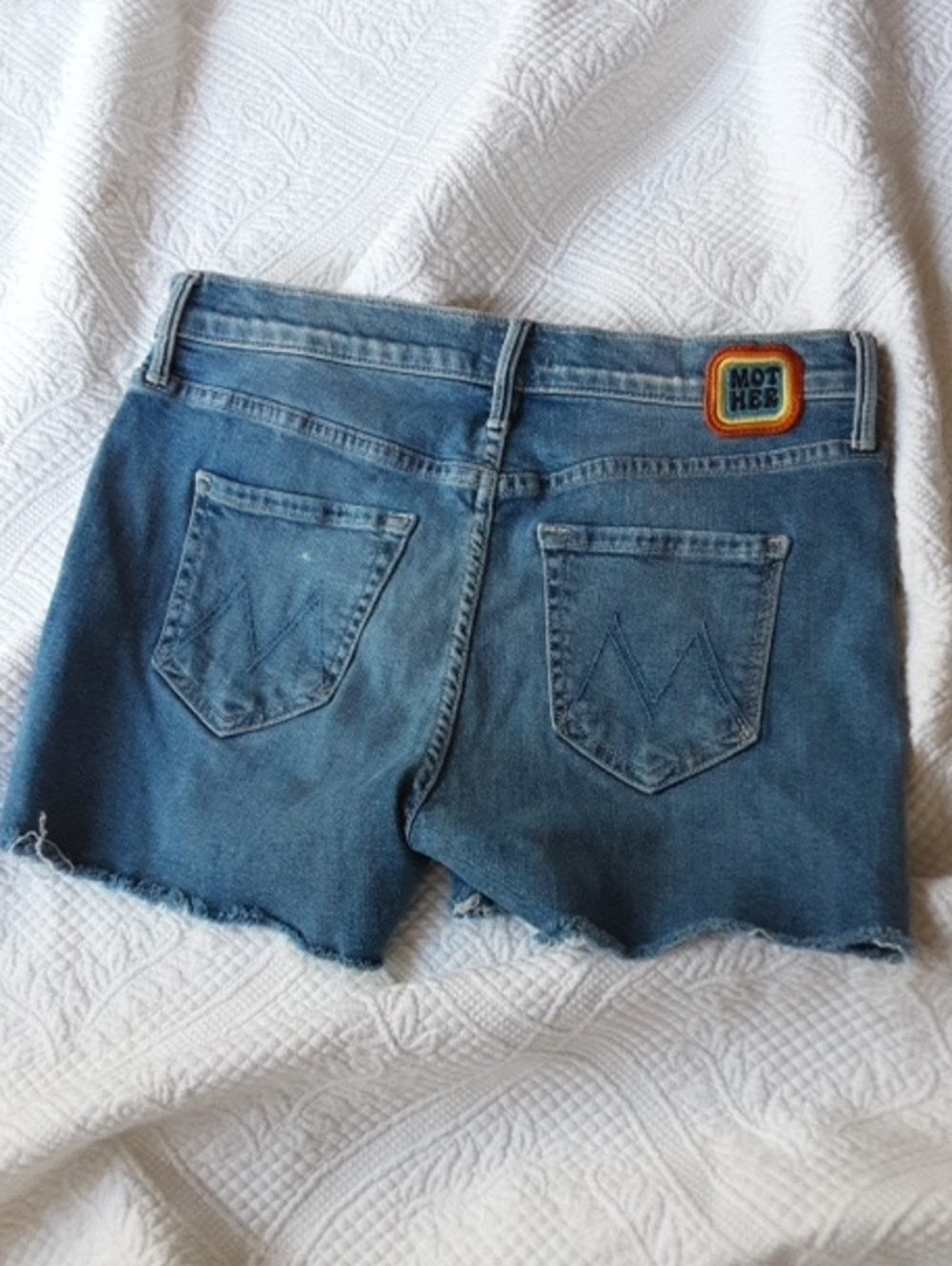 MOTHER Blue Denim Cutoff Shorts with Patch
